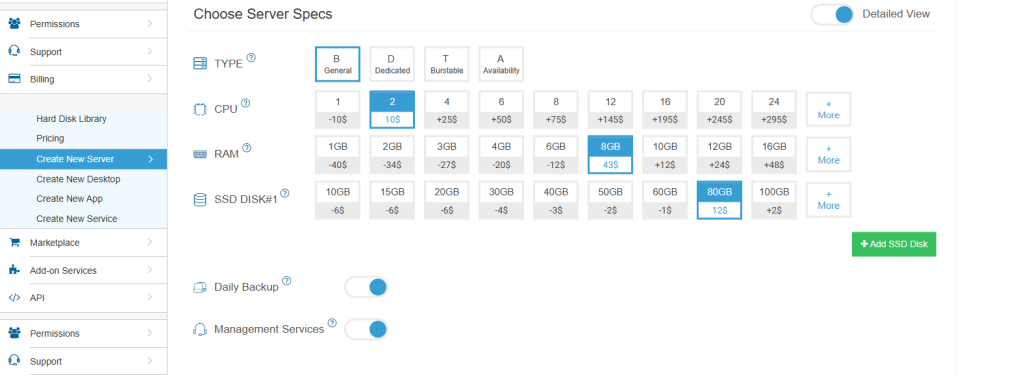 New server spec selection - novavps console 
